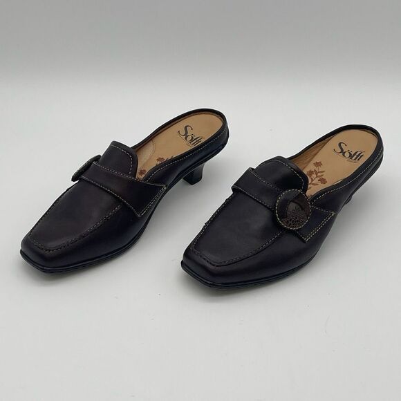 SOFFT Leather Slip-on Shoes Women’s Size 8.5 Cognac Brown Square Toe Kitten Heel - Picture 4 of 15